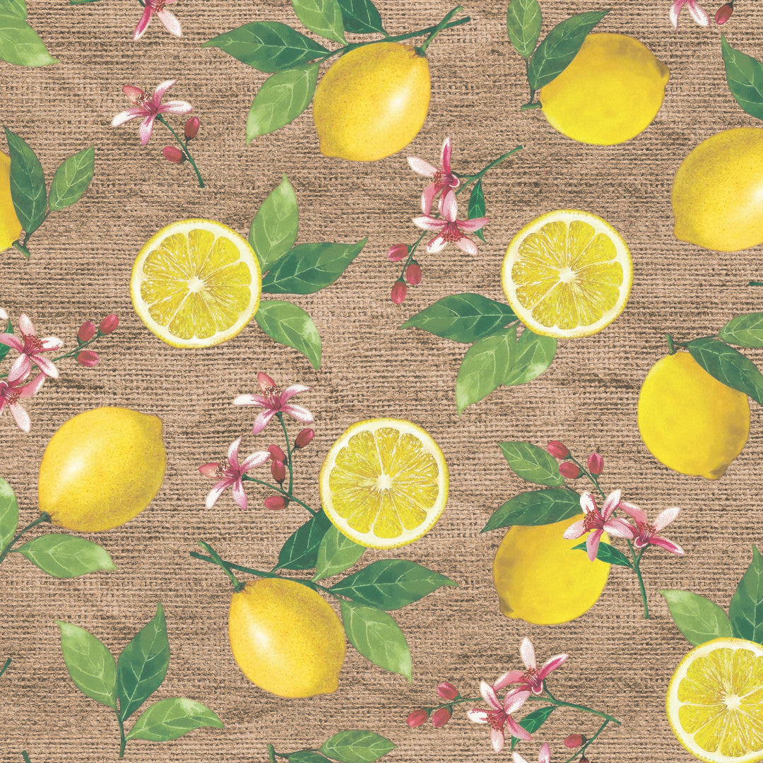 Limonata – Beige voksduk med sitroner og hessianlook, mønster