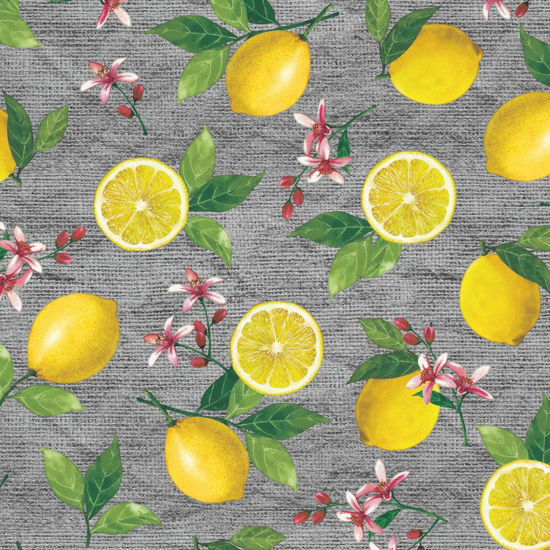 Limonata – Grå voksduk med sitroner og hessianlook