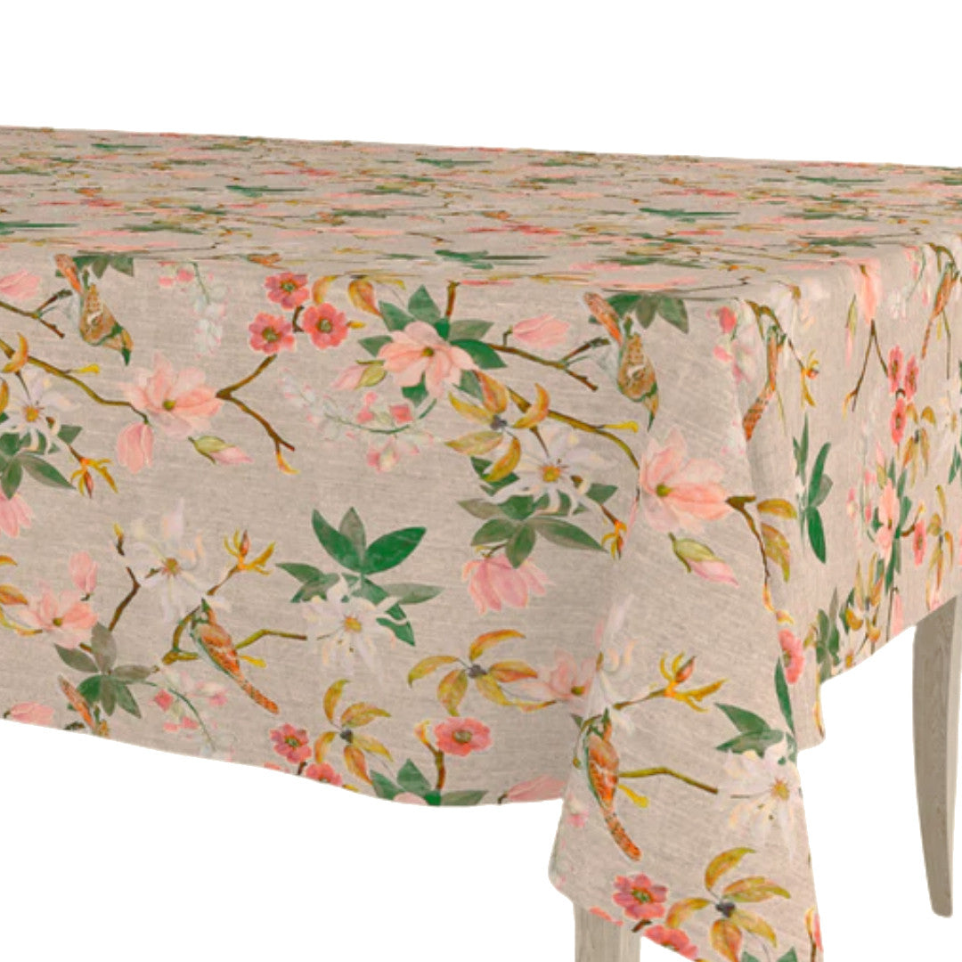 Forårsgren – Akrylduk i linlook med blomster og fugler, 160 cm bred, hjørne