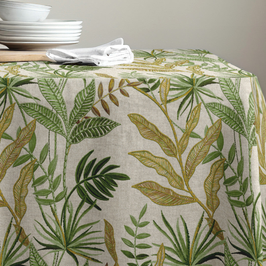 Lino Verdea – Akrylduk med botanisk mønster i elegant linlook, hjørne