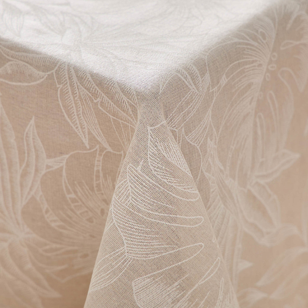 Lorenza – Bordduk i linlook med stort bladmønster – 140 x 240 cm, hjørne