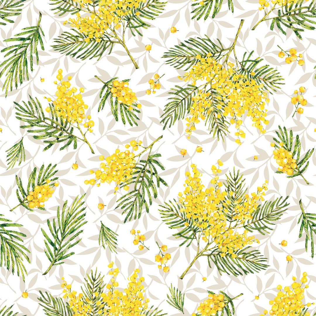 Mimosa Sunshine – voksduk med friske blomster, 160 cm, mønster