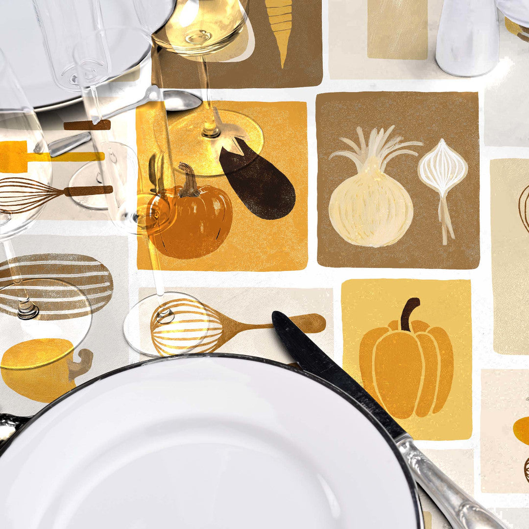 Minestrone Caramel – Voksduk med varme kjøkkenmotiver nærbilde