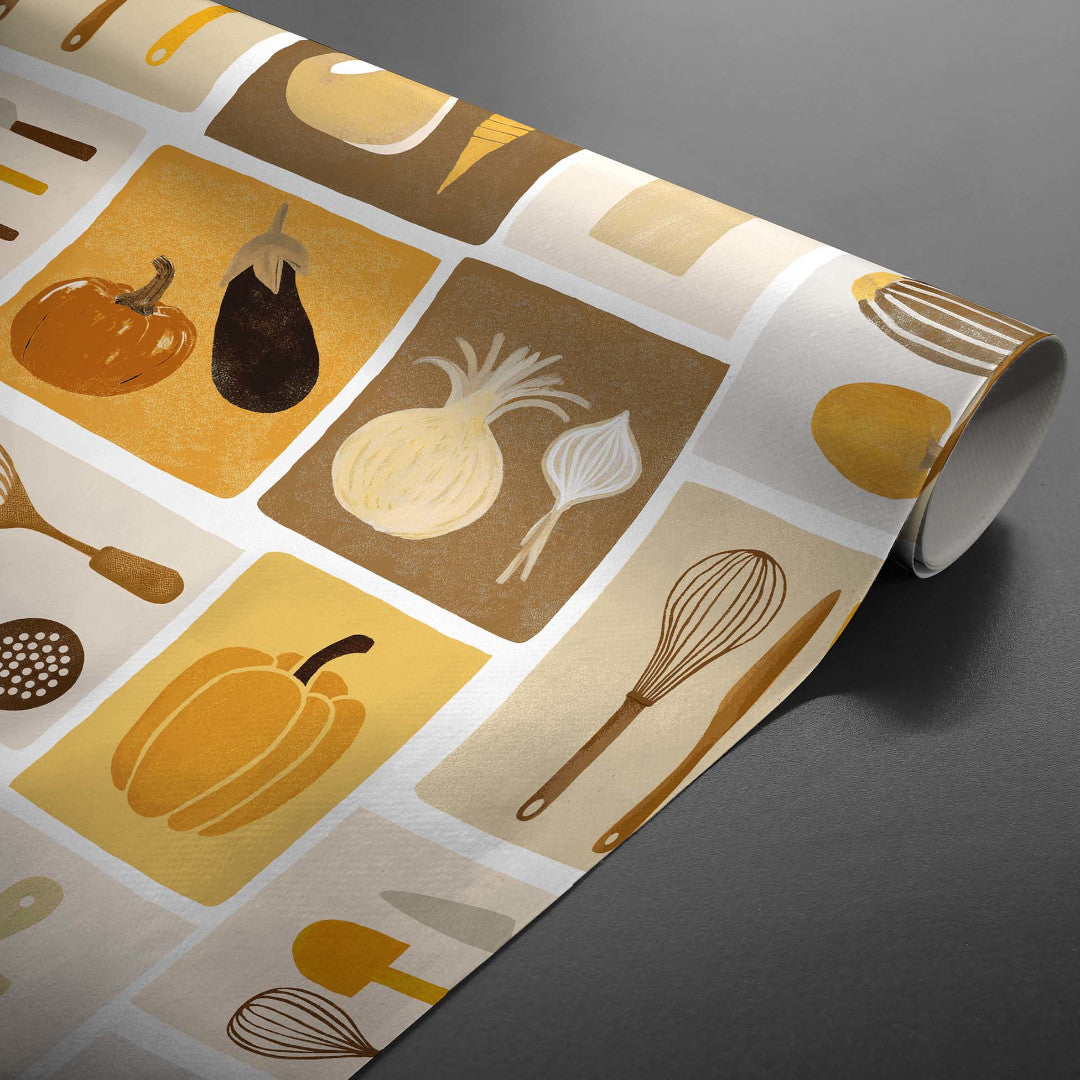 Minestrone Caramel – Voksduk med varme kjøkkenmotiver rullet