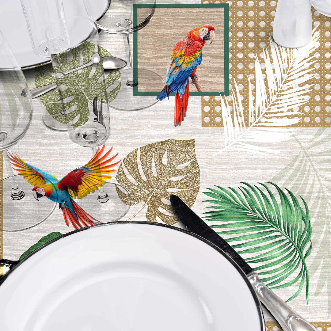 Natis – Tropisk voksduk med papegøyer og palmeblader nærbilde