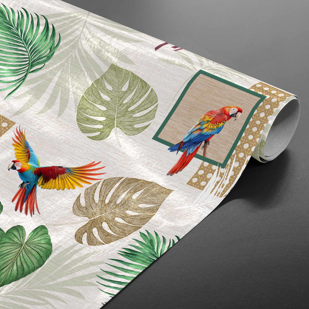 Natis – Tropisk voksduk med papegøyer og palmeblader rullet