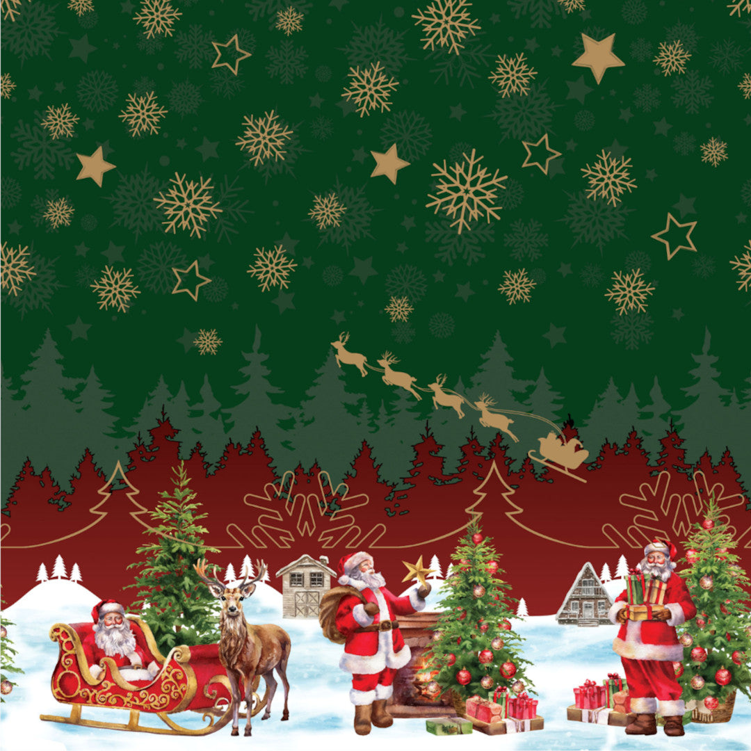 Nisseby – Grønn julevoksduk med julenisse og snødekt landskap, mønster