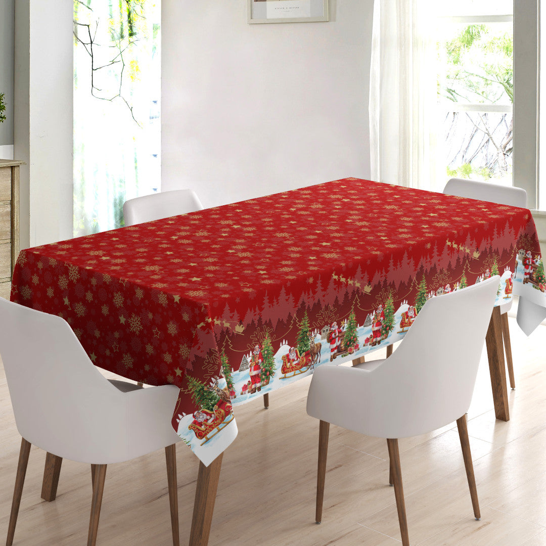 Nisseby – Rød julevoksduk med julenisse og snødekt landskap, miljø