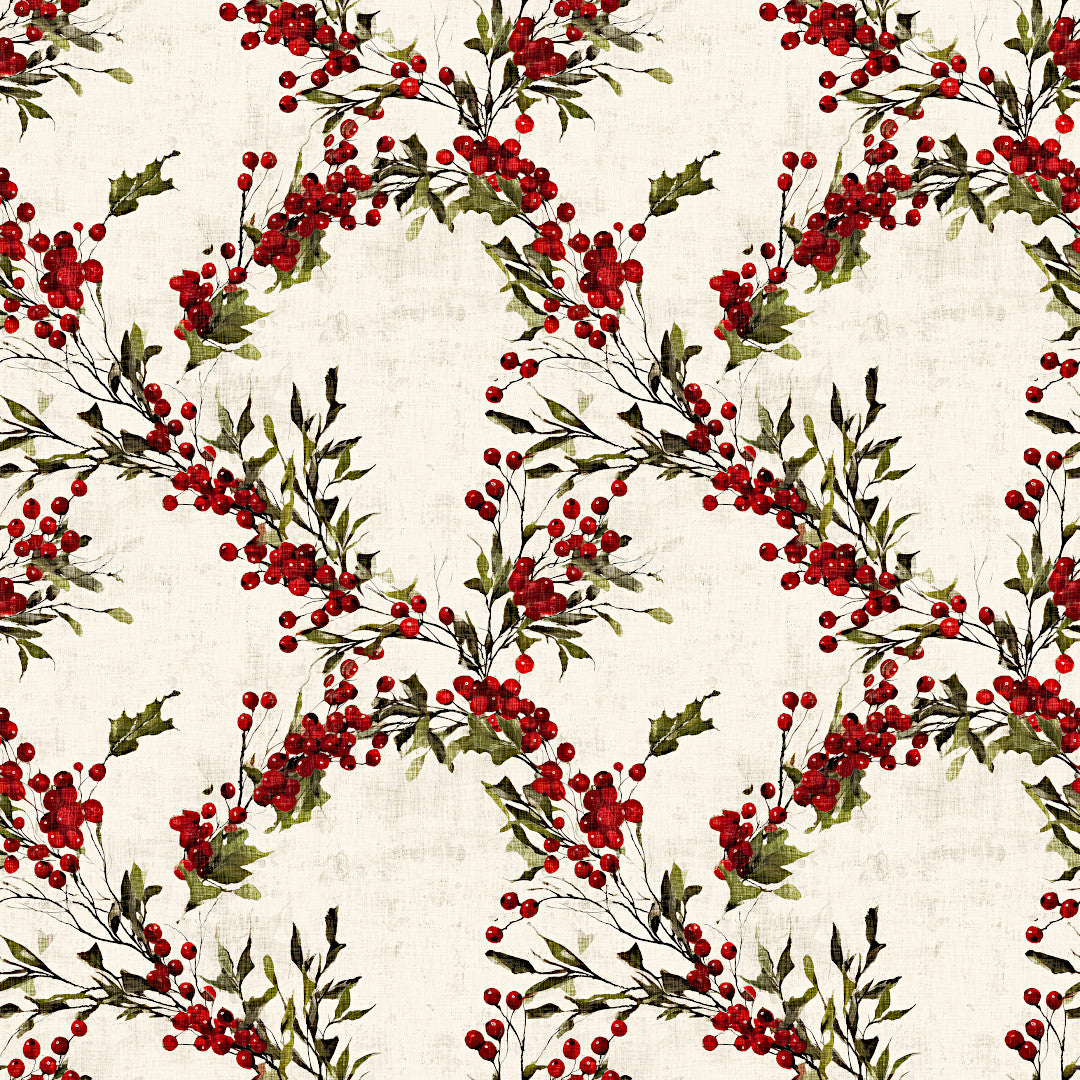 Nordfavn Bessie – Juleakrylduk med røde bær og grønne greiner, mønster