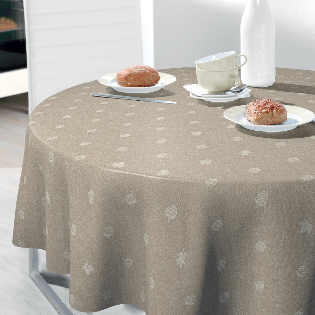 Nordfavn Bolota Beige rund voksduk eikenøtter og blader i lintrykk