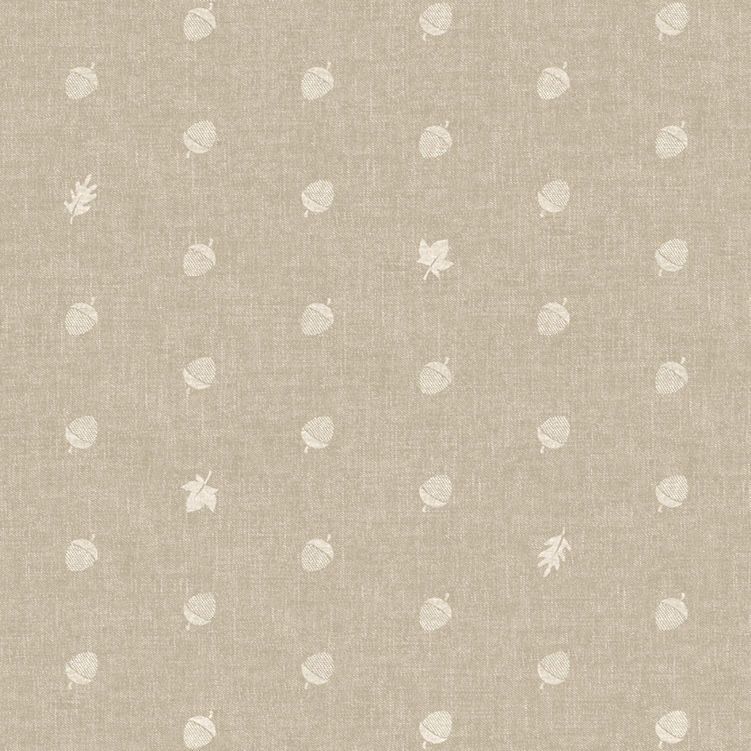 Nordfavn Bolota Beige – Voksduk med eikenøtter og blader i lintrykk