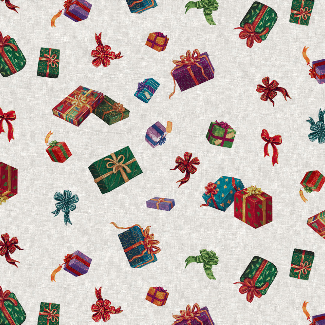 Nordfavn Cadeaux de Noël – Julevoksduk med gaver og lyst linlook, mønster