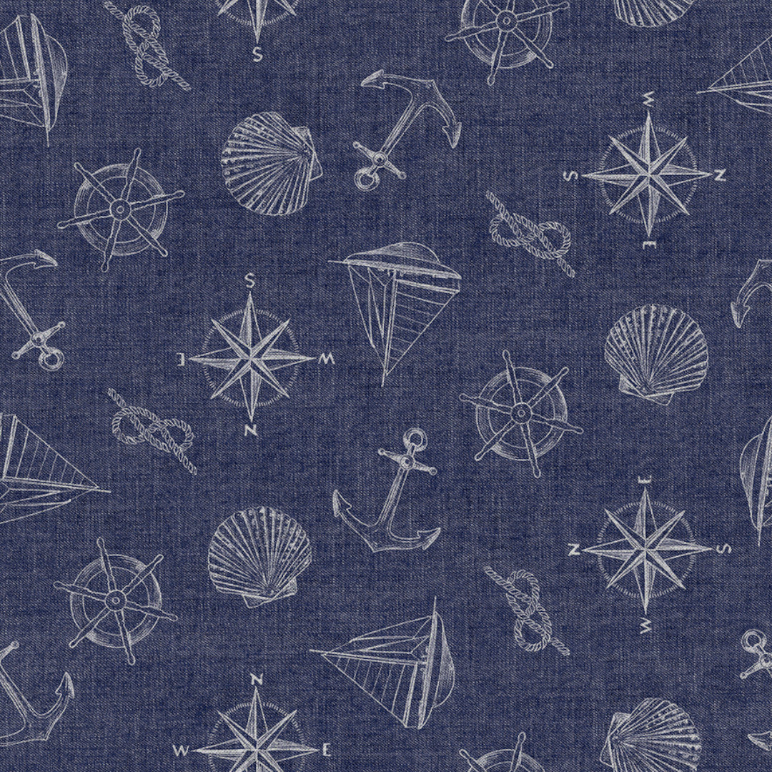 Nordfavn Captain – Blå voksduk med maritime motiver, mønster