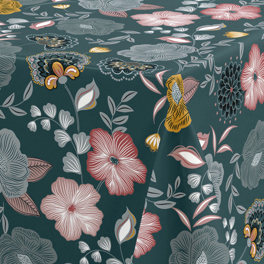 Nordfavn Chouchou Petrol – Voksduk med dekorativt blomsterprint, hjørne