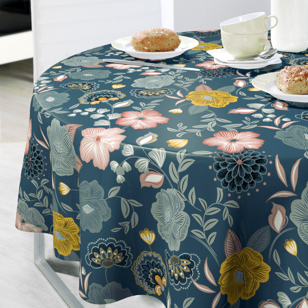 Nordfavn Chouchou Petrol – Voksduk med dekorativt blomsterprint, rund