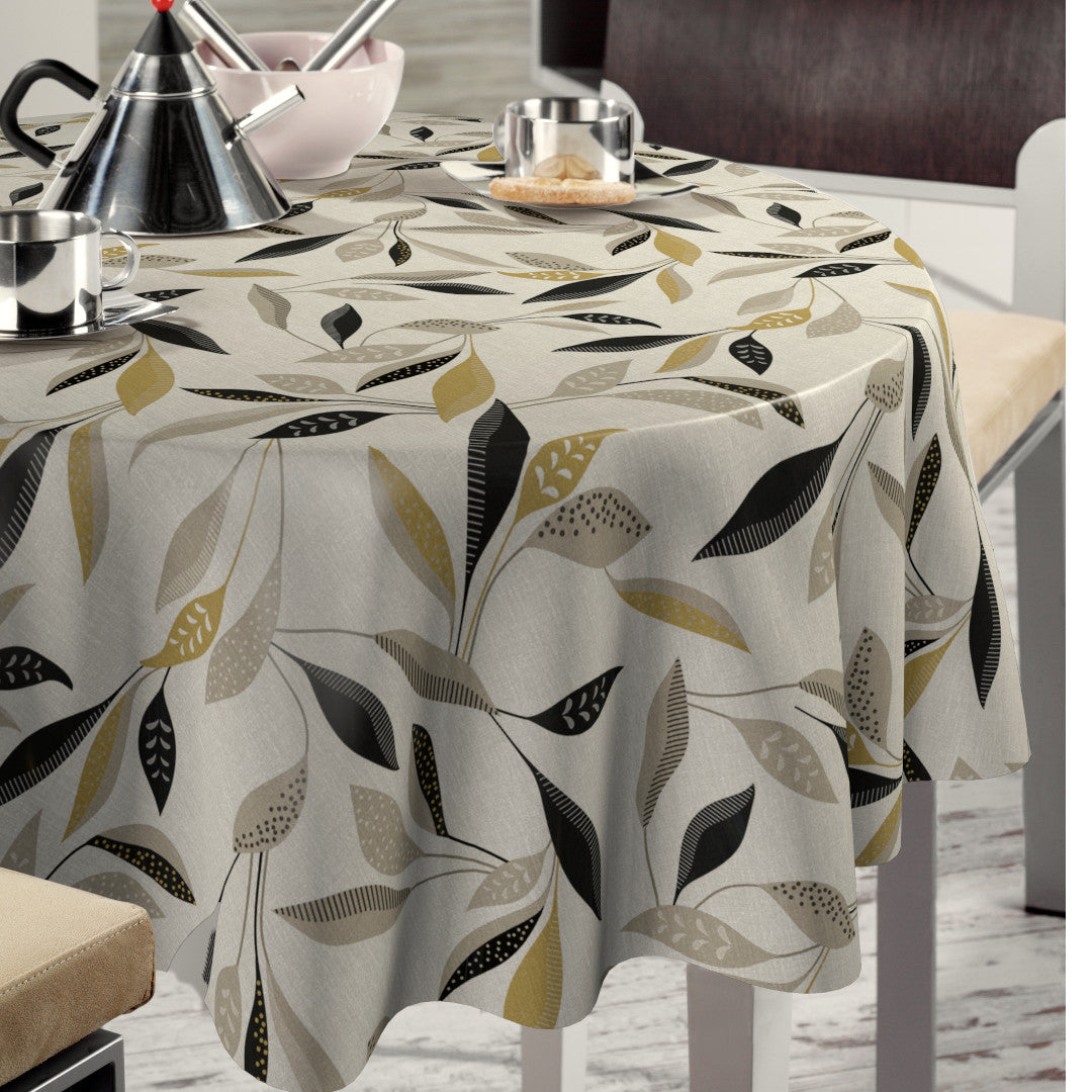 Nordfavn Class Beige – Voksduk med grafisk bladmotiv rund miljø