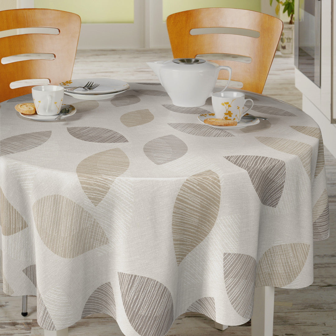 Nordfavn Cocoon Beige – Voksduk med grafisk bladmotiv rund