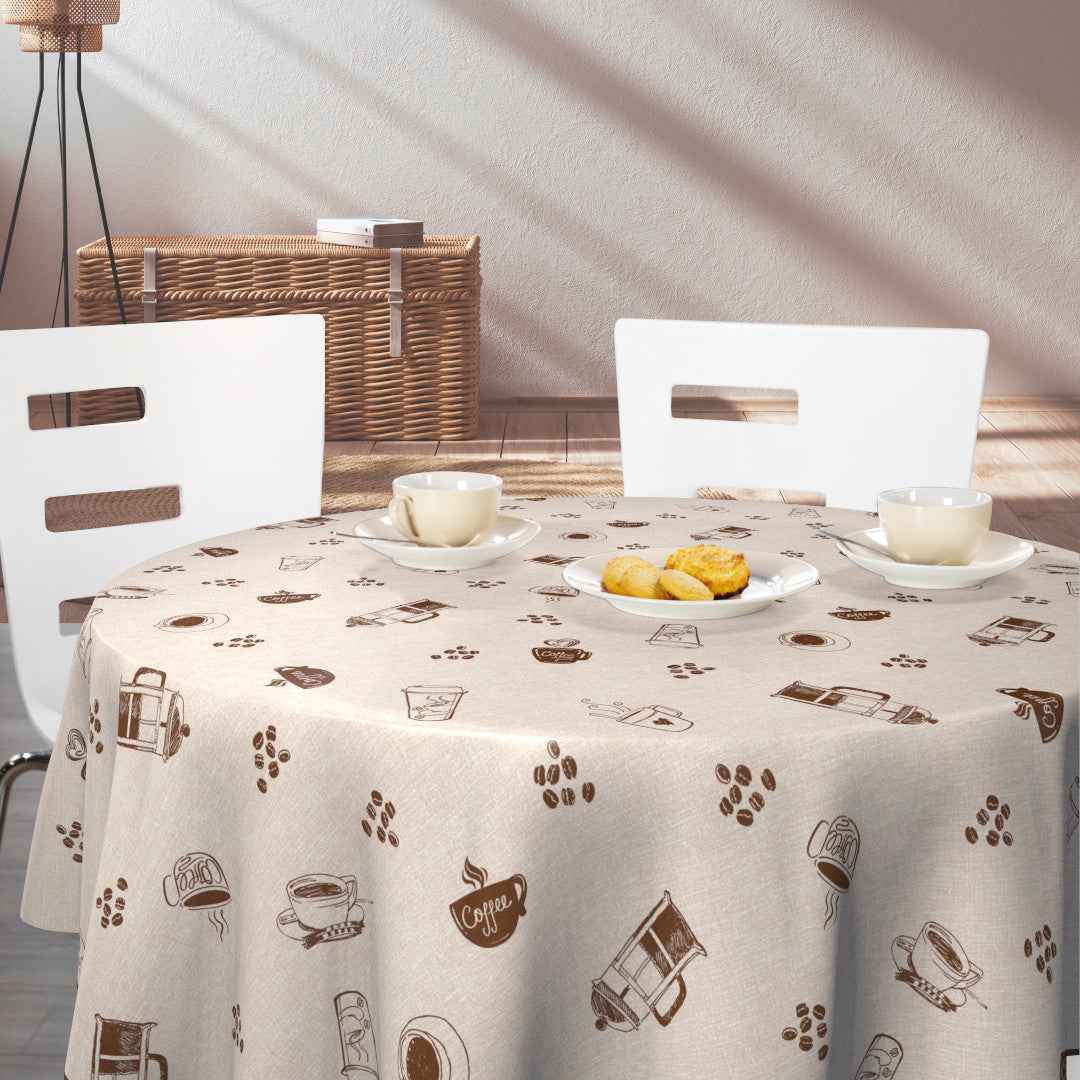 Nordfavn Coffee Time Beige – Runde voksduker med strikk med hyggelig kaffemotiv