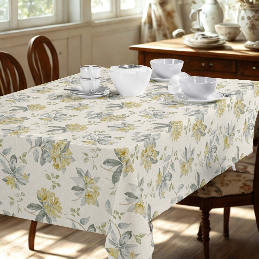 Nordfavn Fruehling Gul – Voksduk med elegant blomstertrykk miljø