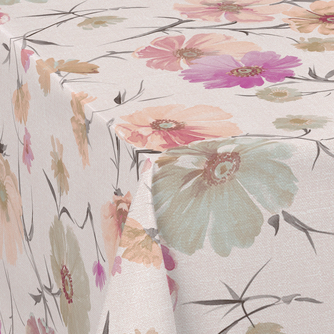 Nordfavn Gerbera Beige – Voksduk med blomster i lintrykk, hjørne