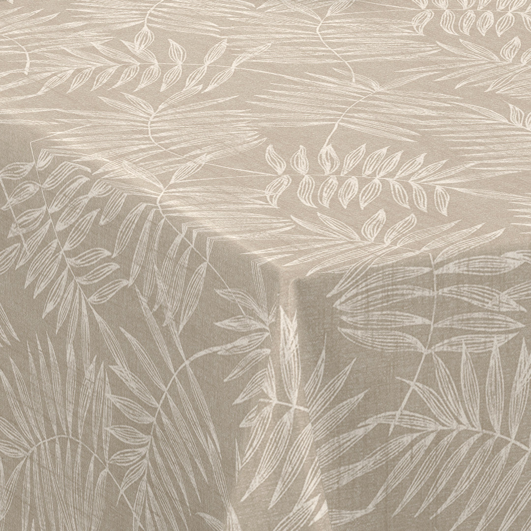 Nordfavn Hojas Beige – Voksduk med lyst bladmotiv i lintrykk, hjørne