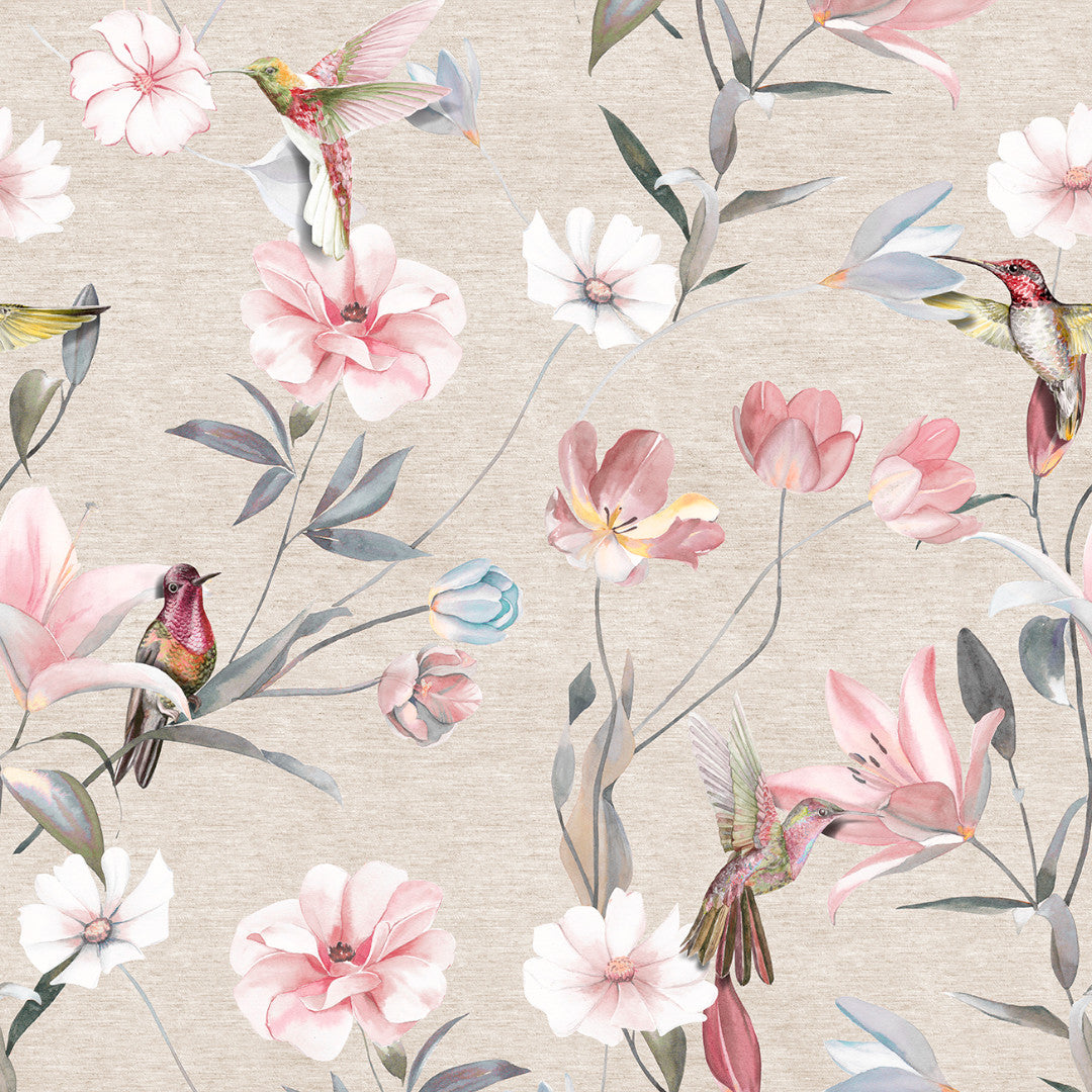 Nordfavn Life – Akrylduk med kolibrier og blomster på naturfarget bunn