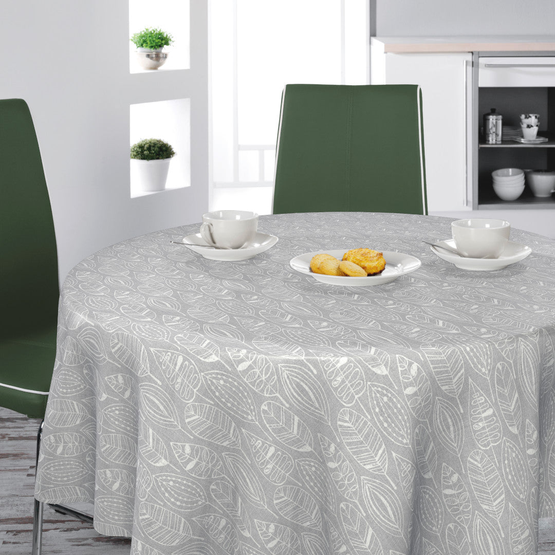 Nordfavn Nordic Leaf Grey – Runde voksduker med strikk med stilisert bladmønster