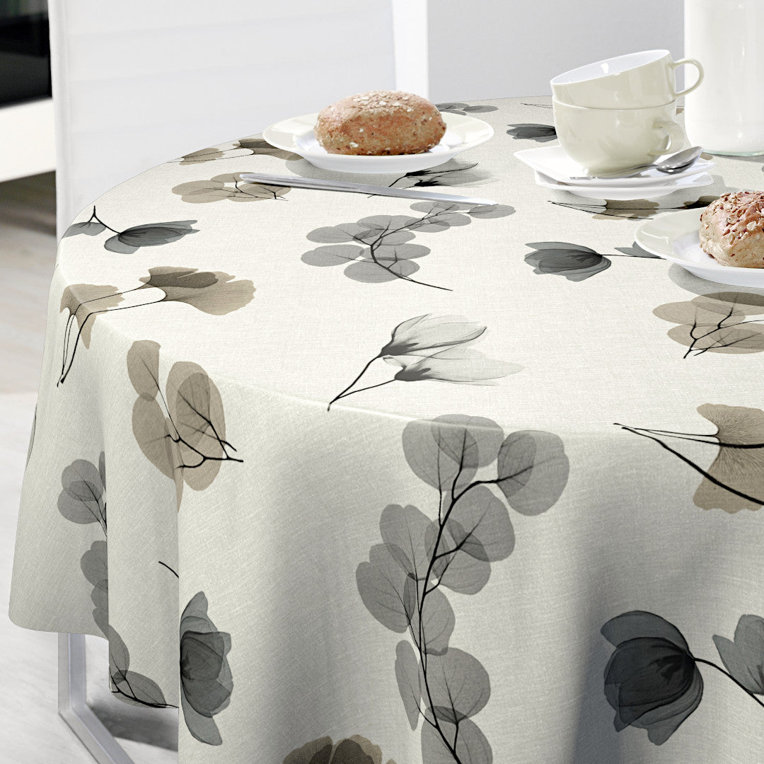 Nordfavn Organza Grey Beige – Voksduk med bladmotiv rund