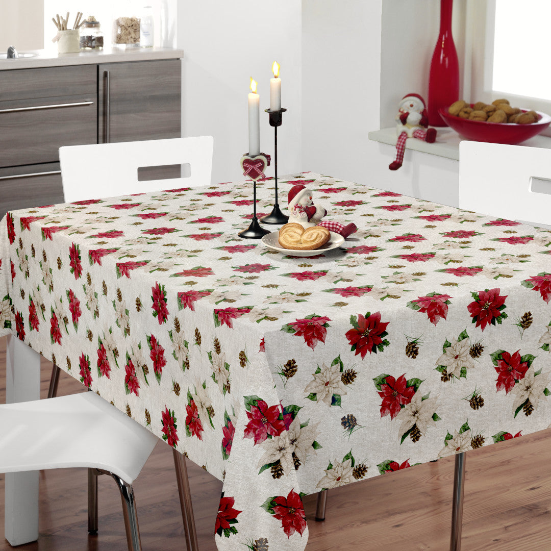 Nordfavn Poinsettia – Julevoksduk med linpreg og julestjerner, miljø