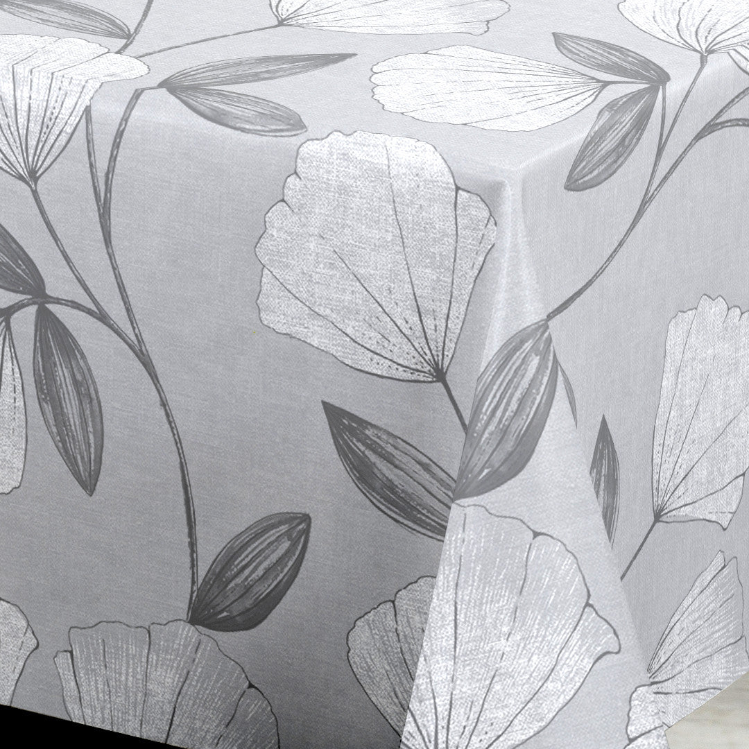 Nordfavn Shell Grå Sølv – Voksduk med elegant bladmotiv hjørne