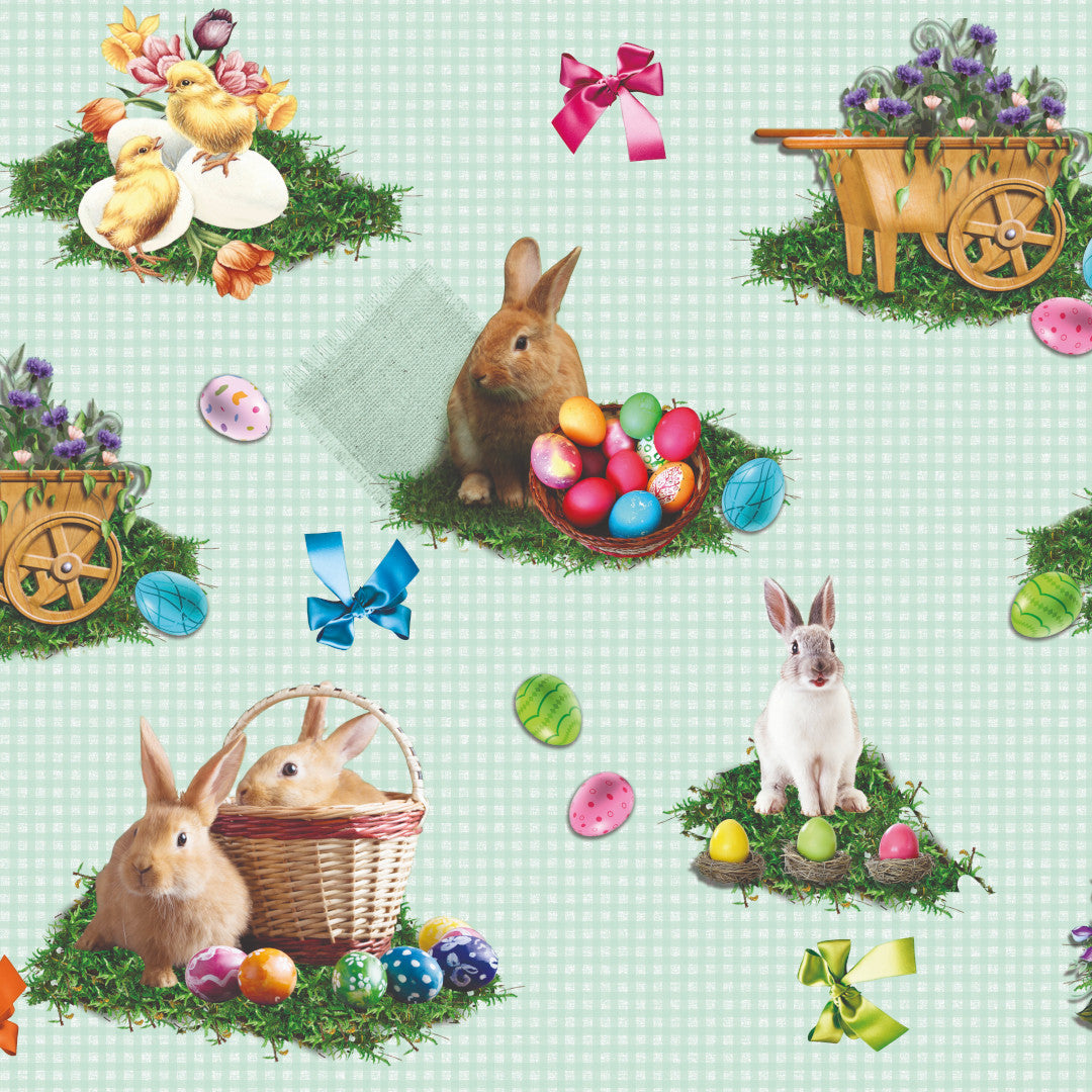Påskeglede Ruter Mint – Påskevoksduk med harer, kyllinger og påskeegg