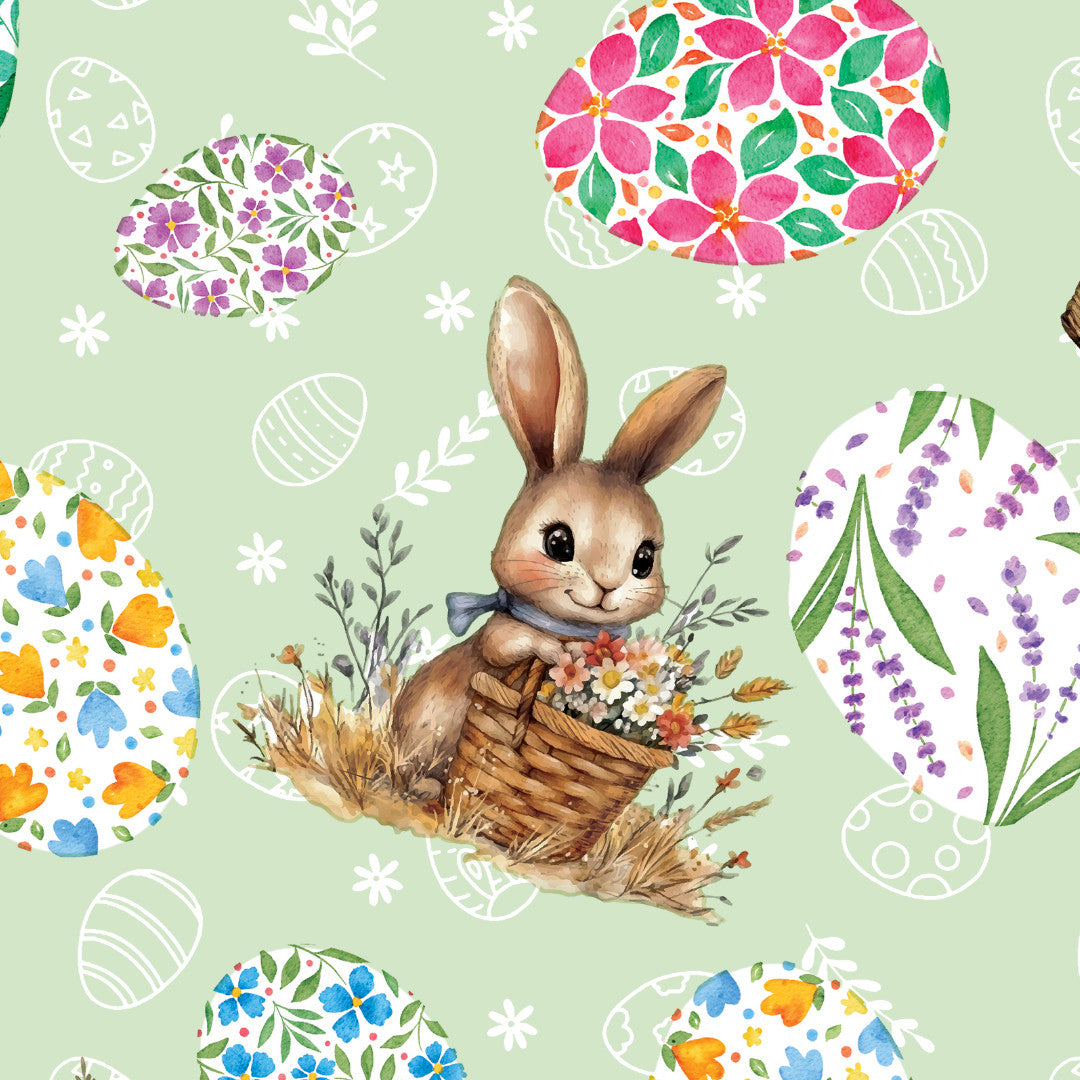 Påskehare Grønn – Påskevoksduk med hare og blomsteregg, mønster