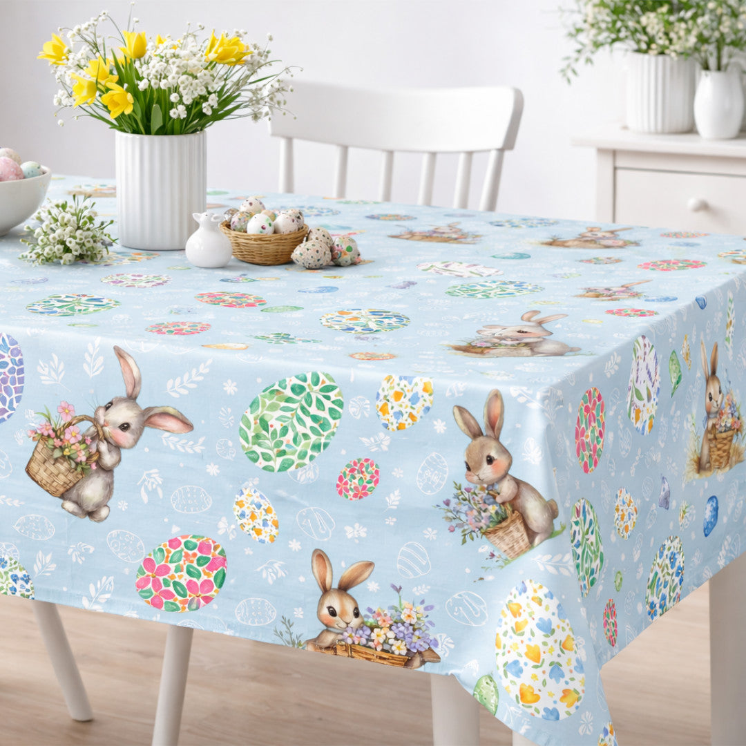 Påskehare Blå – Påskevoksduk med harer og blomsteregg