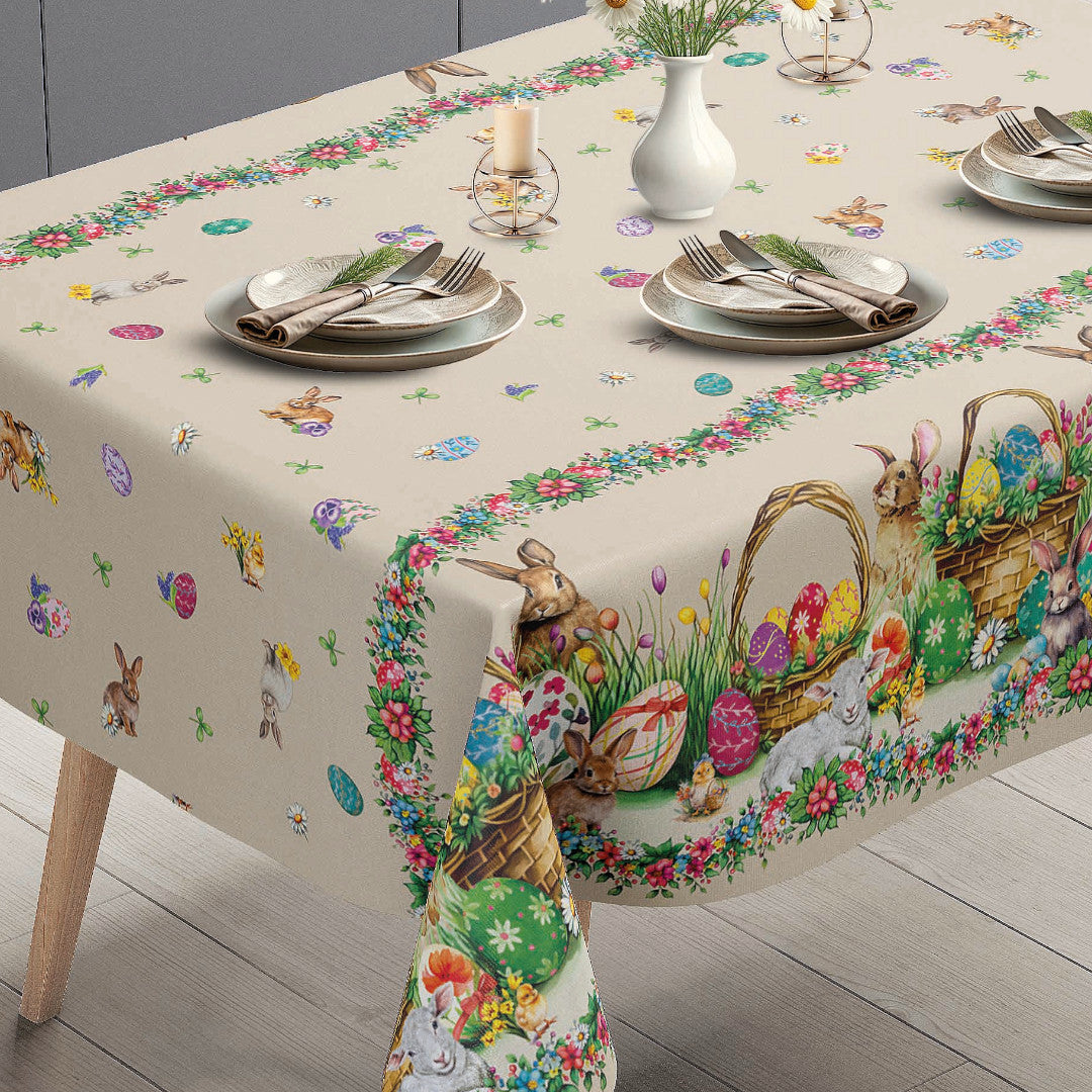 Påskelam Beige – Påskevoksduk med lam og påskeharer miljø