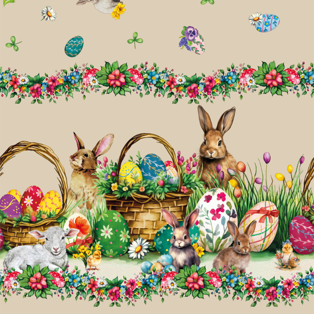 Påskelam Beige – Påskevoksduk med lam og påskeharer