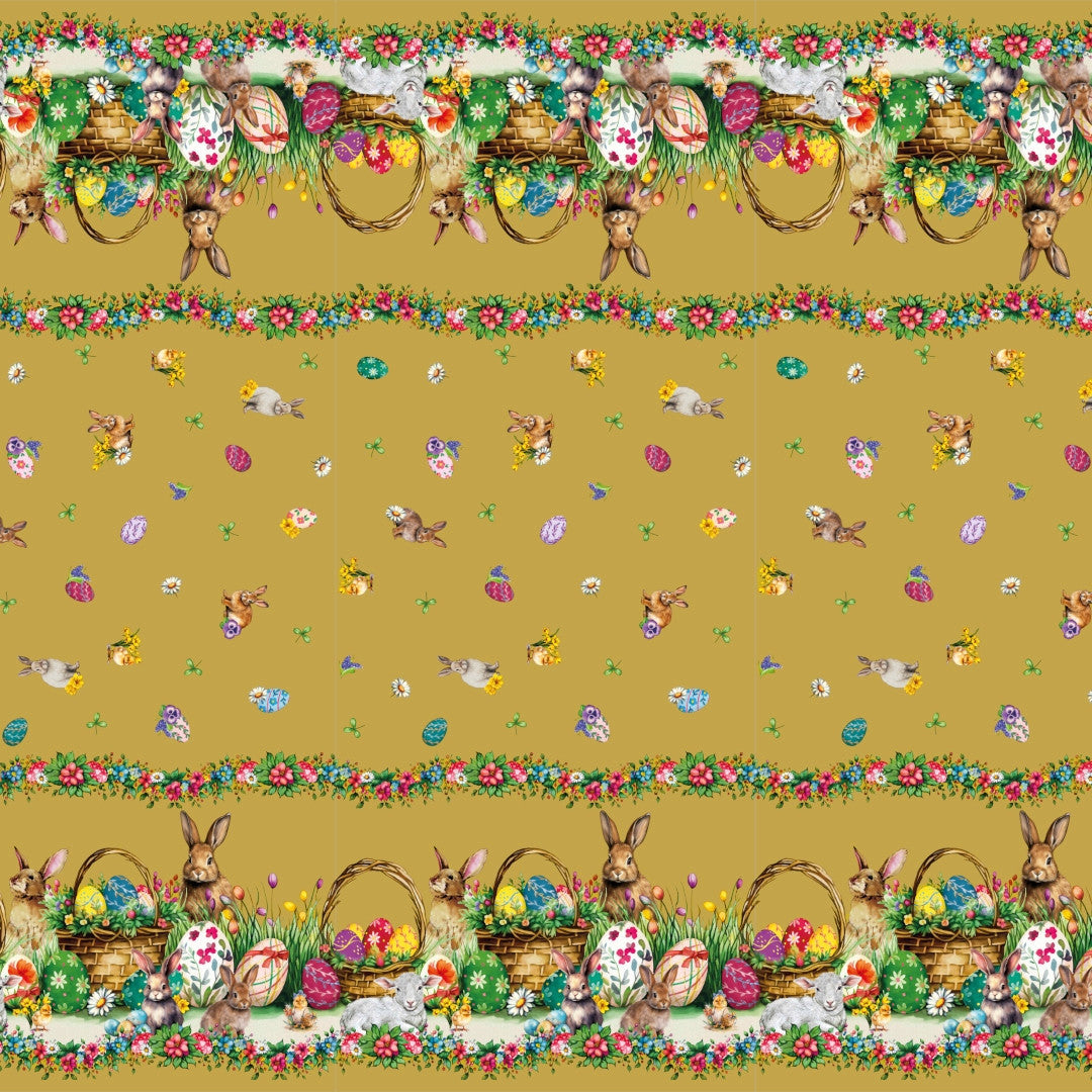 Påskelam Gylden – Påskevoksduk med lam og påskeharer mønster
