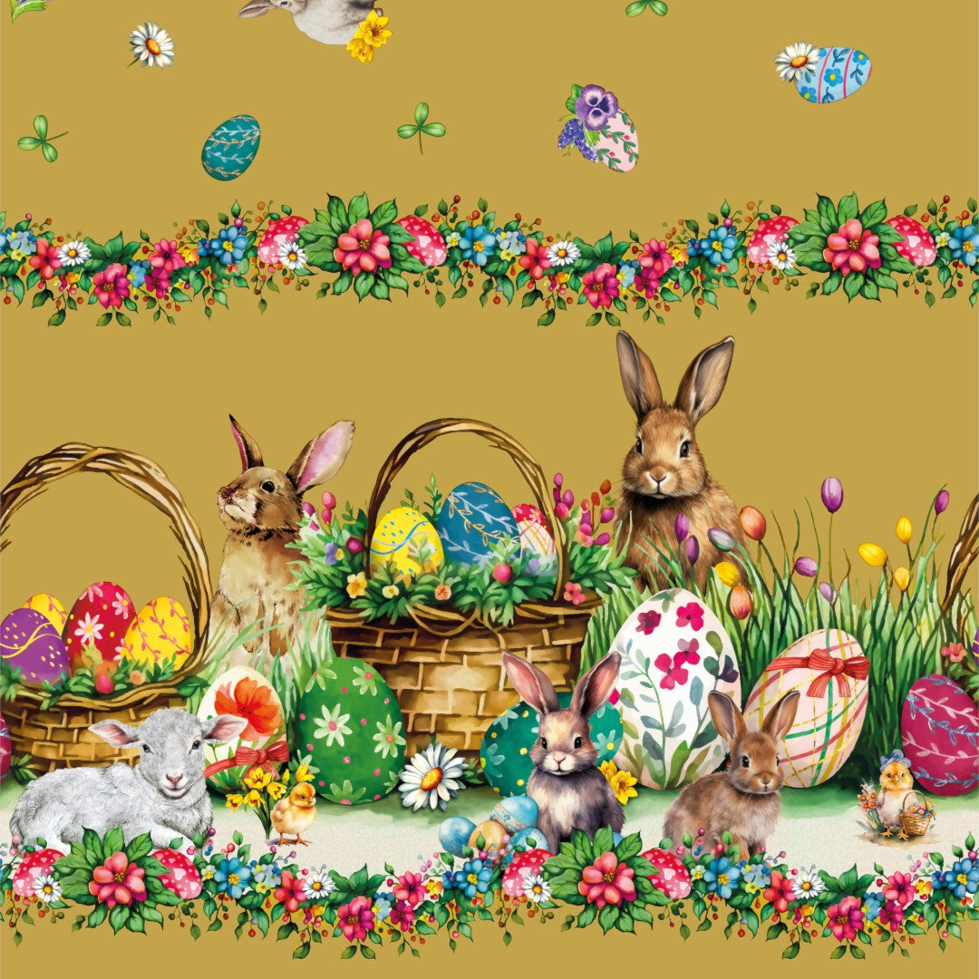 Påskelam Gylden – Påskevoksduk med lam og påskeharer