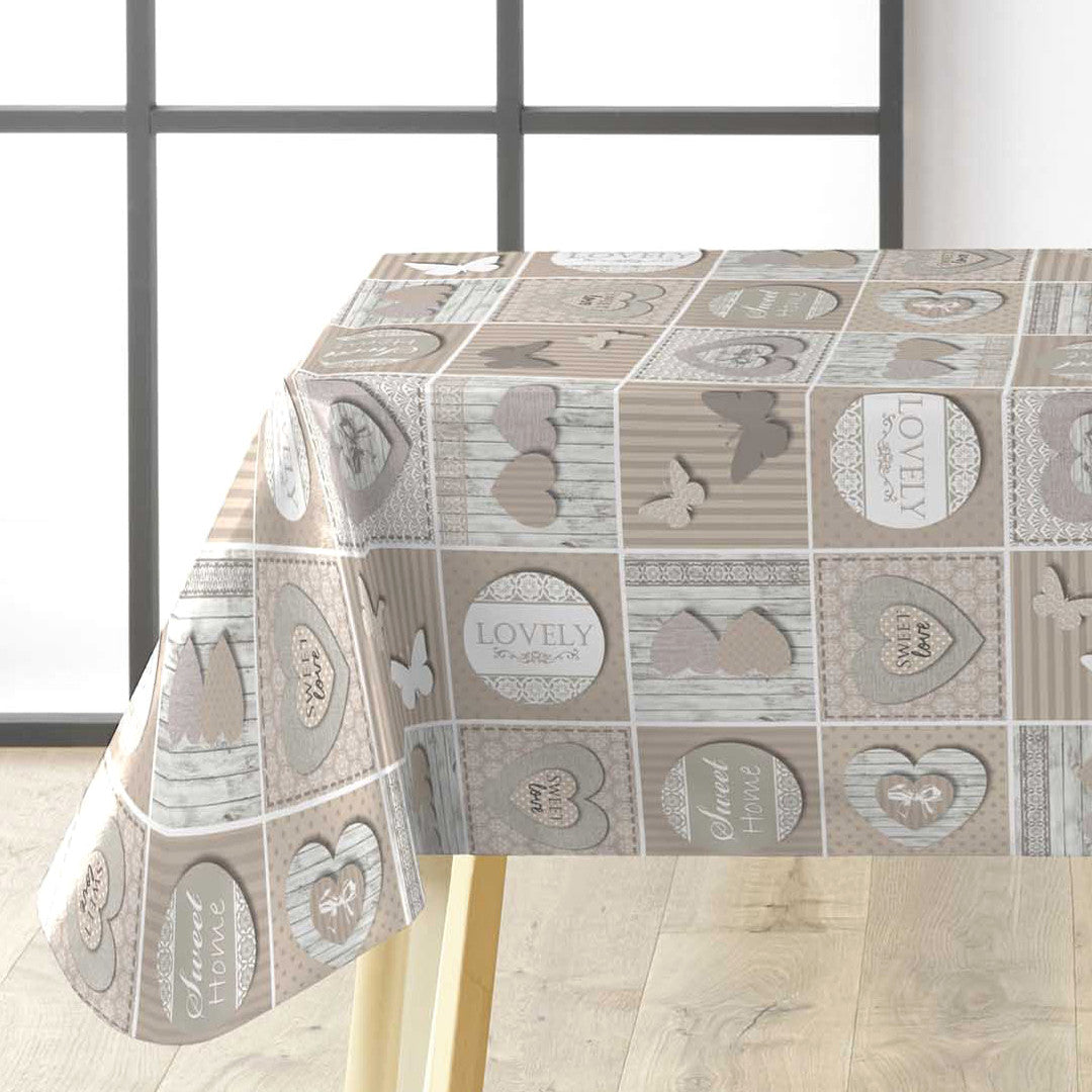 Papilys Grey - Voksduk med hjerter og sommerfugler i myke naturfarger, hjørne