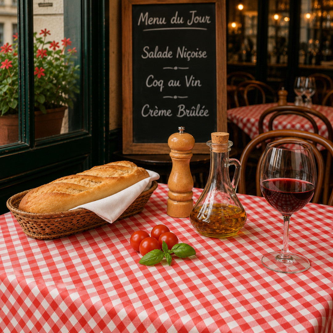 Picnic Red – Ternet voksduk med tekstilutseende, bistromiljø