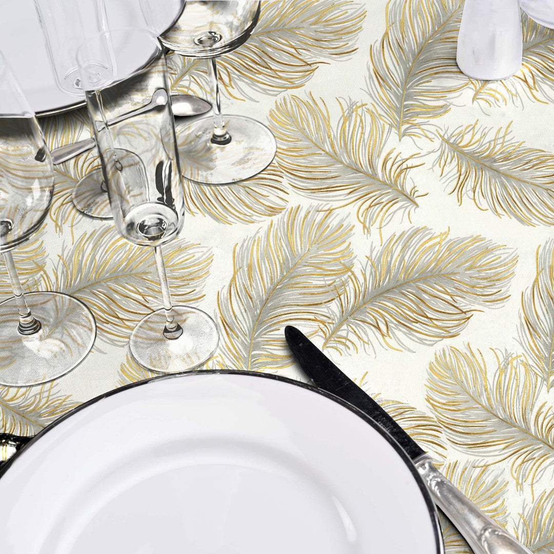 Plumina Metallic – Rund voksduk med elegante fjær i gull og grått Ø 155 cm nærbilde