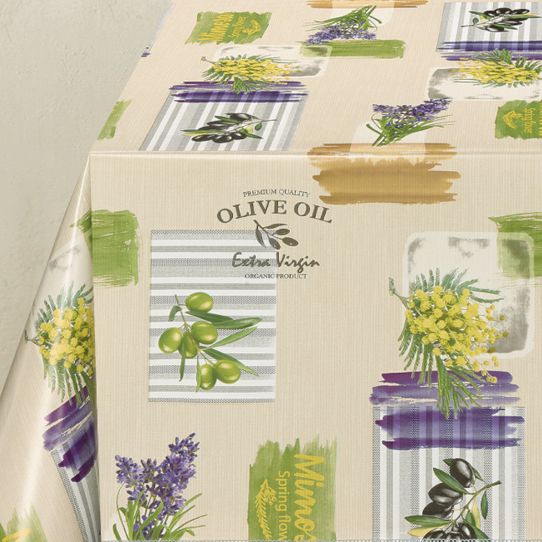Provence Oliven & Blomster – Voksduk med beige bunn, hjørne