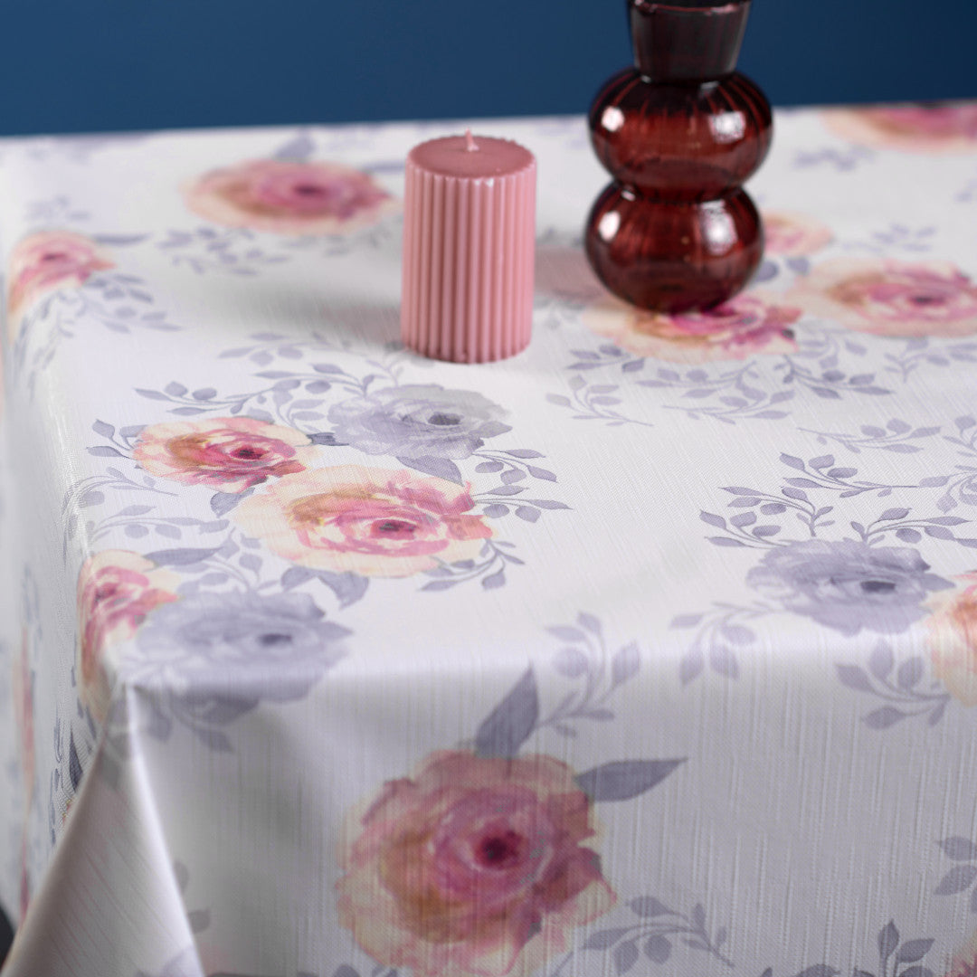 Rosalie Blush – Voksduk med blomsterprint og tekstilutseende