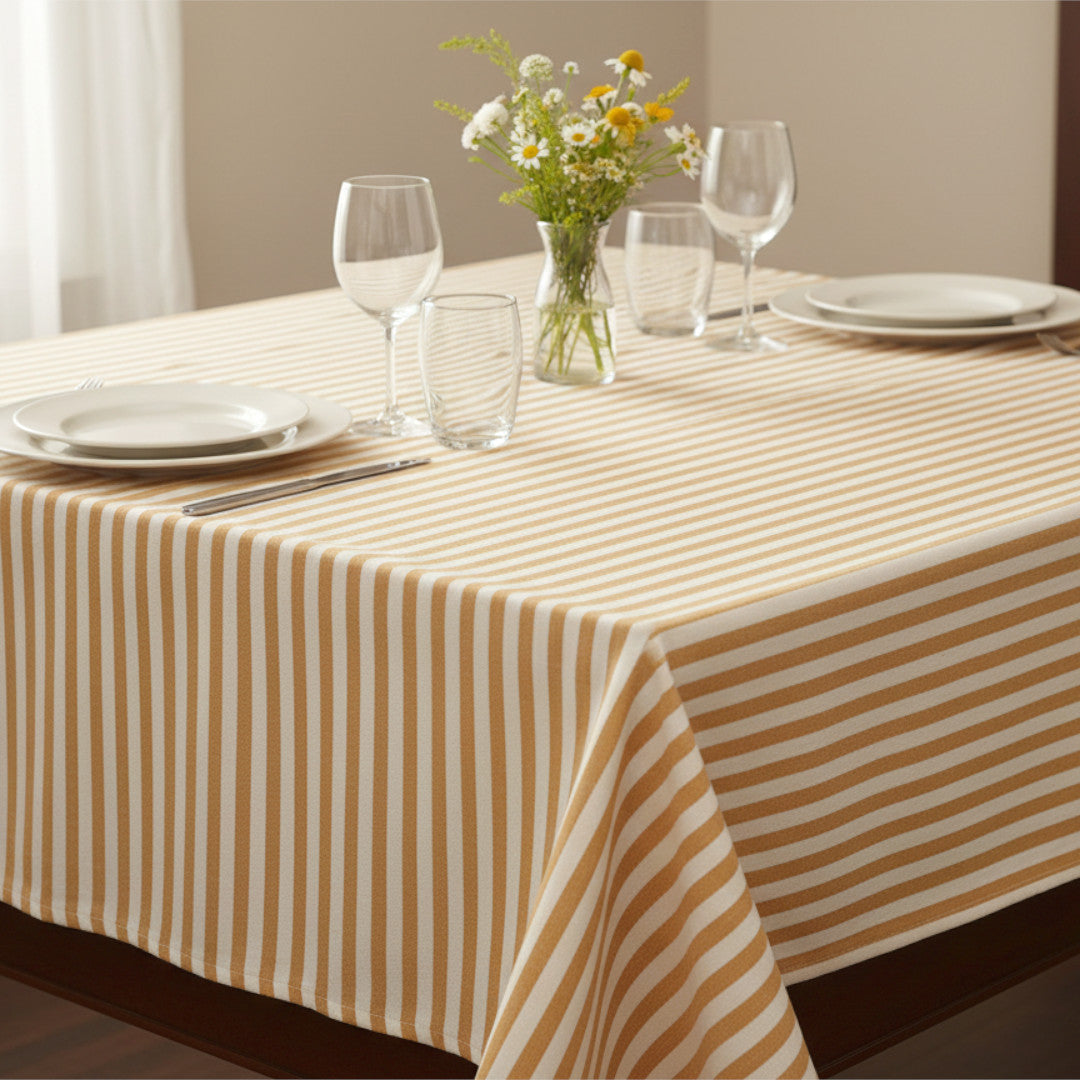 Sennepsgul Nordisk Stripe – Akrylduk i rustikt linlook miljø