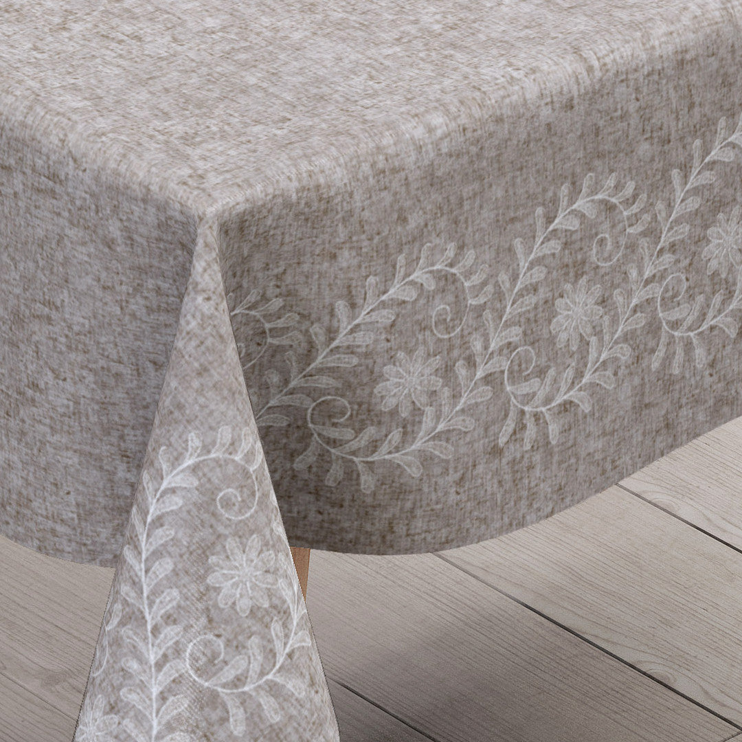 Silva Beige – Beige voksduk med elegant ornamentbord, hjørne