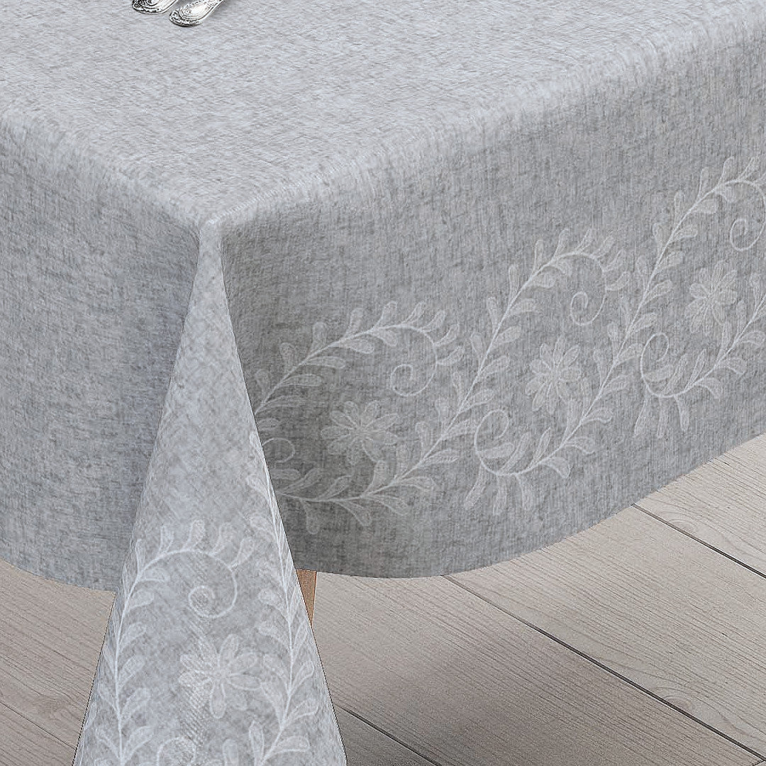 Silva Grå – Grå voksduk med elegant ornamentbord, hjørne