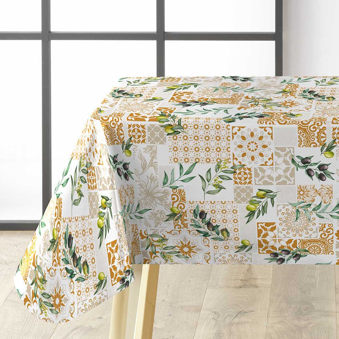 Solanova – Voksduk med oliven og gyldne fliser, hjørne