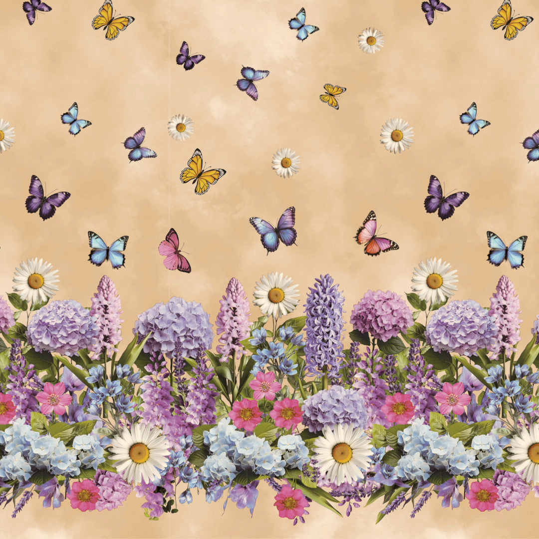 Sommereng Beige – Voksduk med blomster og sommerfugler, mønster