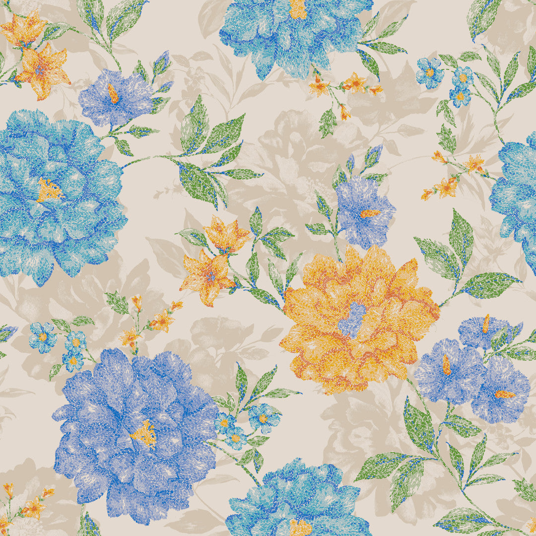 Sommerflora Beige – Voksduk med blå og gyldne blomster mønster