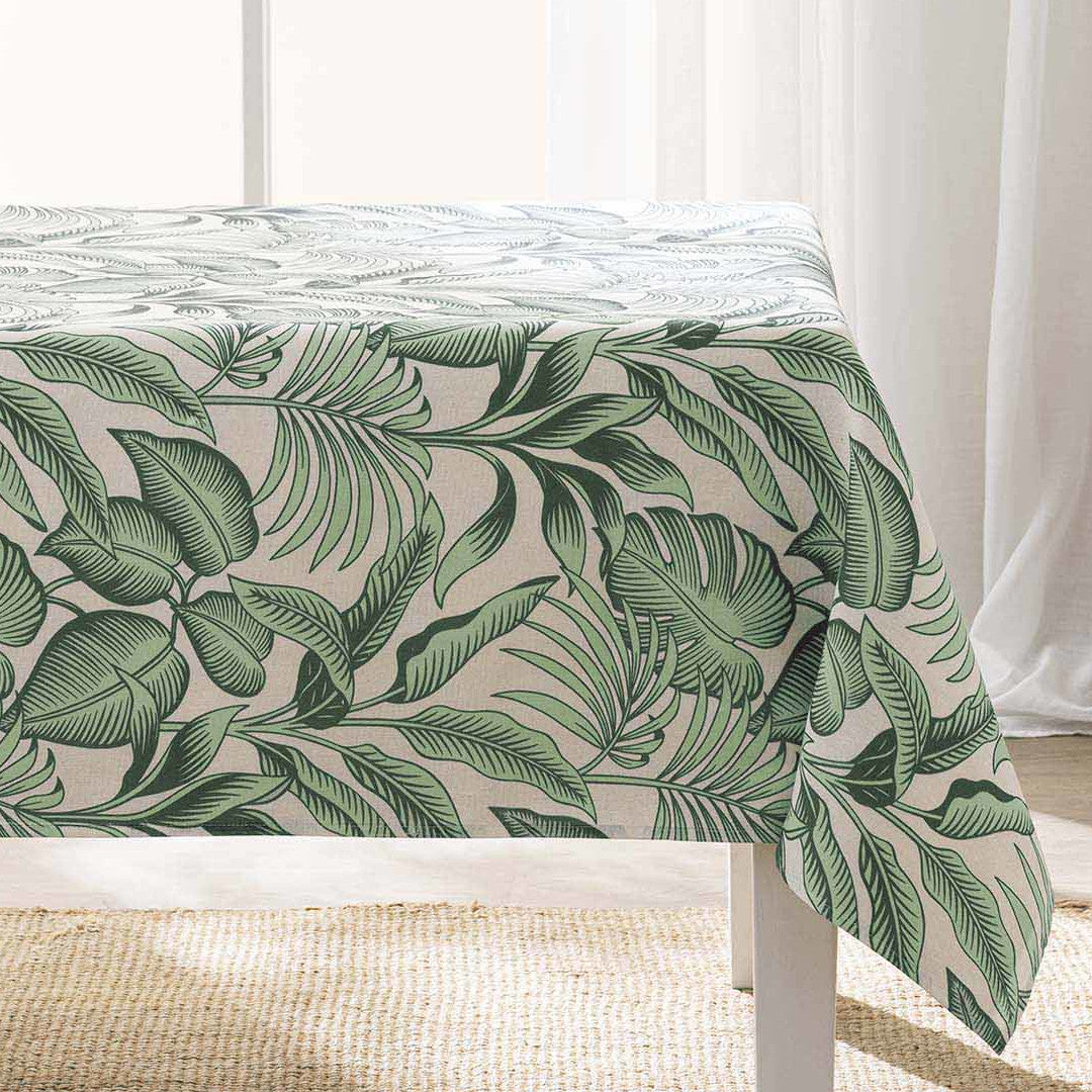 Stilys Sauge – Bordduk i linlook med botanisk bladmønster – 140 x 240 cm
