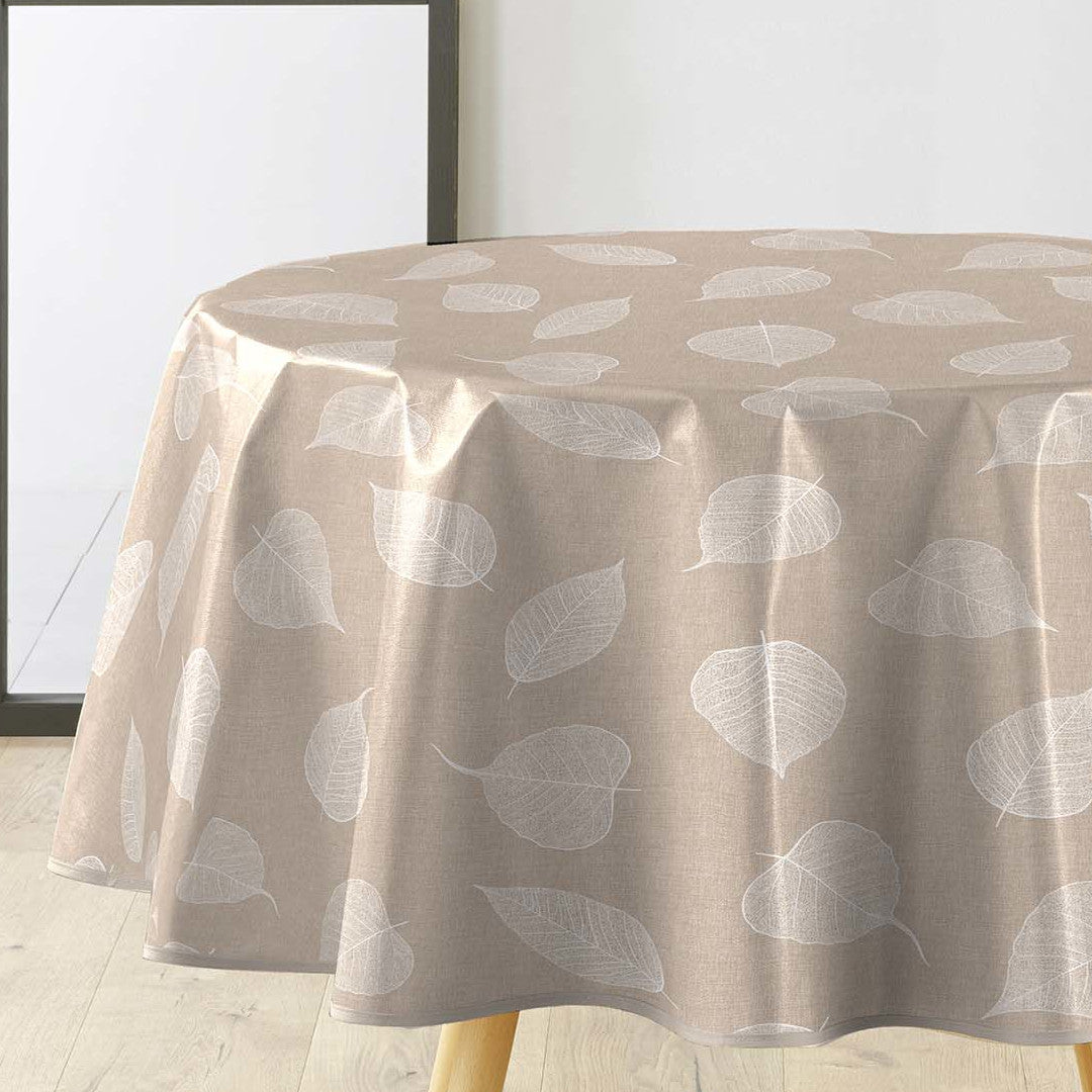 Textilia Feuillys - Rund voksduk i linlook med hvite strekblader Ø 155 cm